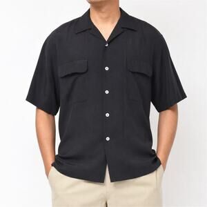 Pussers Islander Shirt Mens Large Black Silk Camp Button Up Pocket Casual